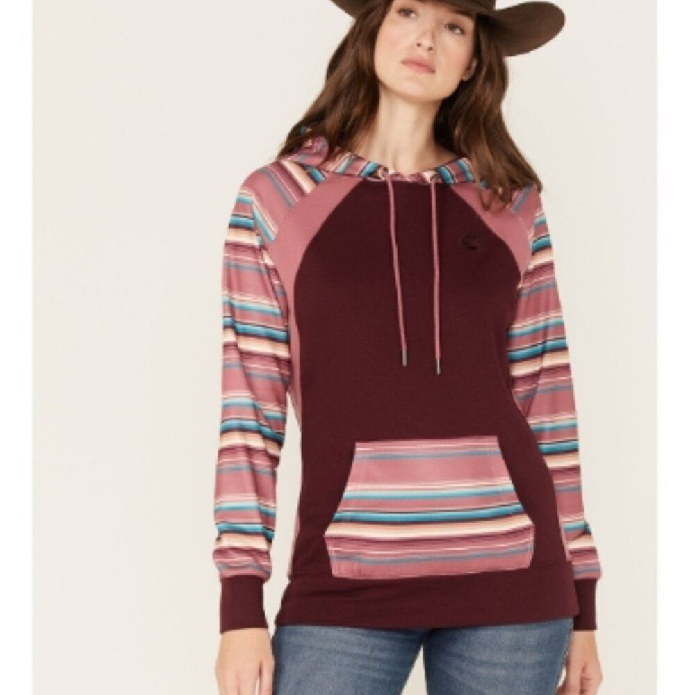 Hooey Women's Savannah Serape Sleeve Hoodie Striped Burgundy in Size XL